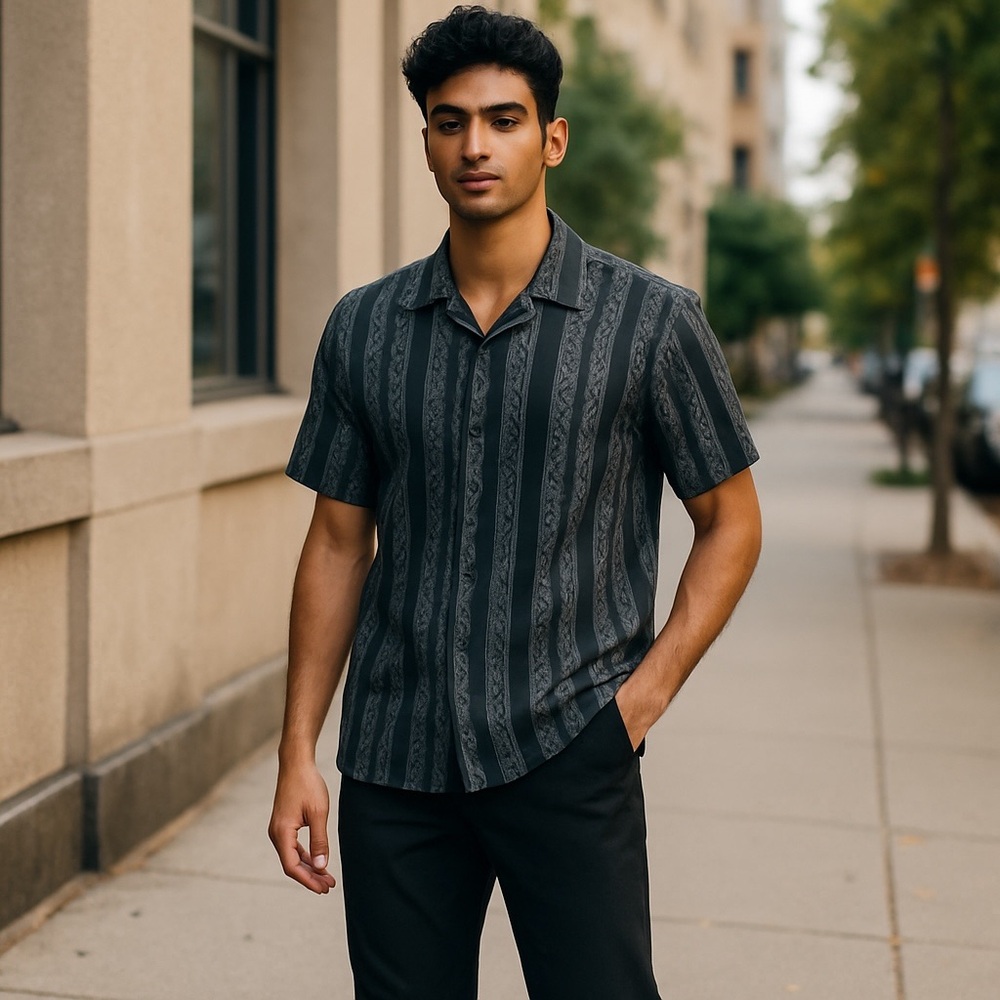 Guess Black and Blue Geometric Casual Button Down Shirt